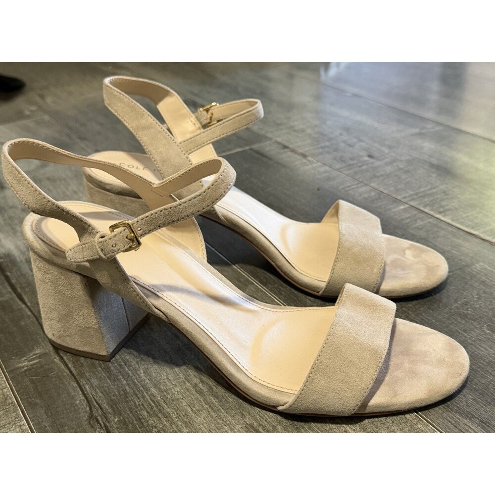 Cole Haan Grand 360 Suede Block Heel Sandals Nude Beige Ankle Strap Size 8.5B